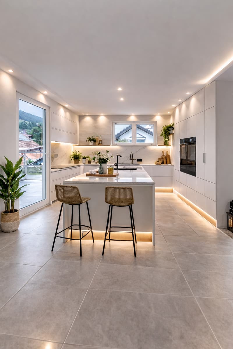 modern kitchen, white cabinets, island, 2 stools, gas stove, sink, plants, tiled floor