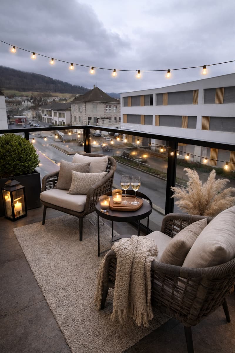 balcony, chairs, candles, table, string lights, rug, potted plant