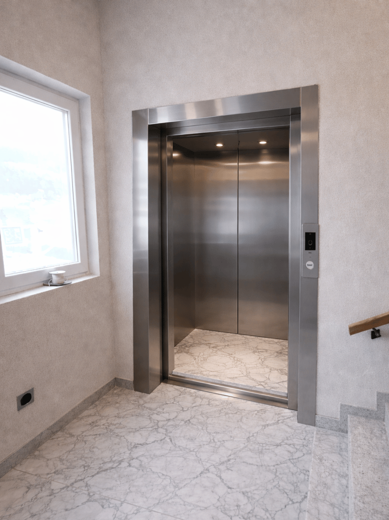 Stainless steel elevator, marble flooring, digital control panel