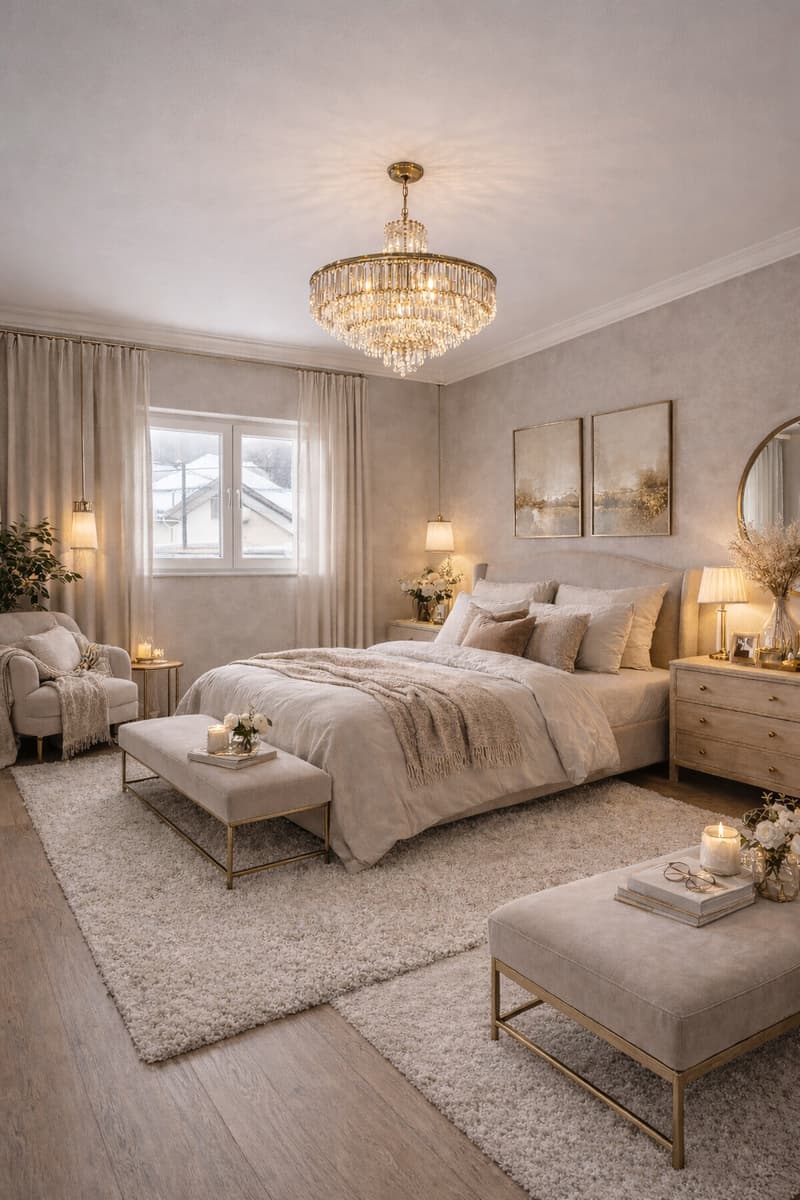 large bed, bed headboard, chandelier, nightstands, two nightstand lamps, framed picture, two mirrors, carpet, two tables, couch, throw pillow