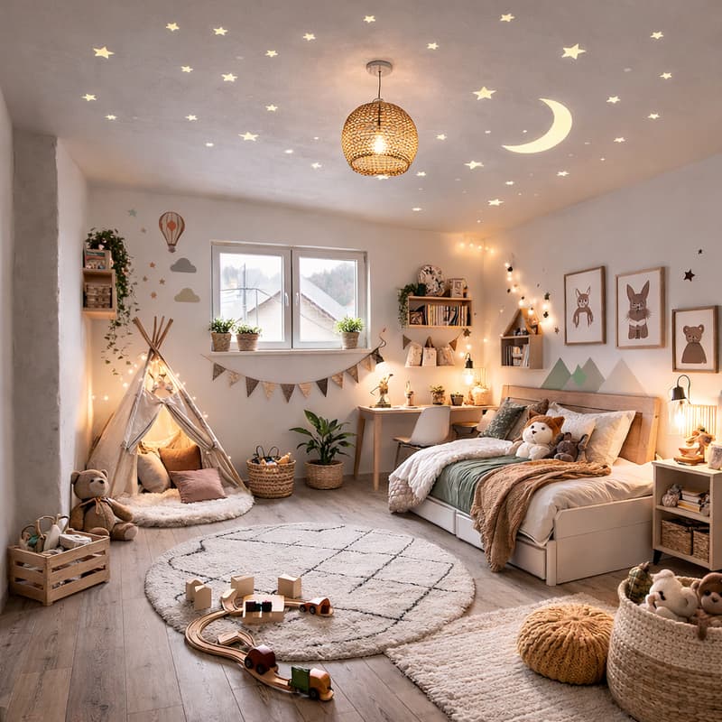 Playroom: wooden floor, round carpet, white rug, round bed, decorative wall features, toy house, play mat, desk, window with plant, lamps, chandelier