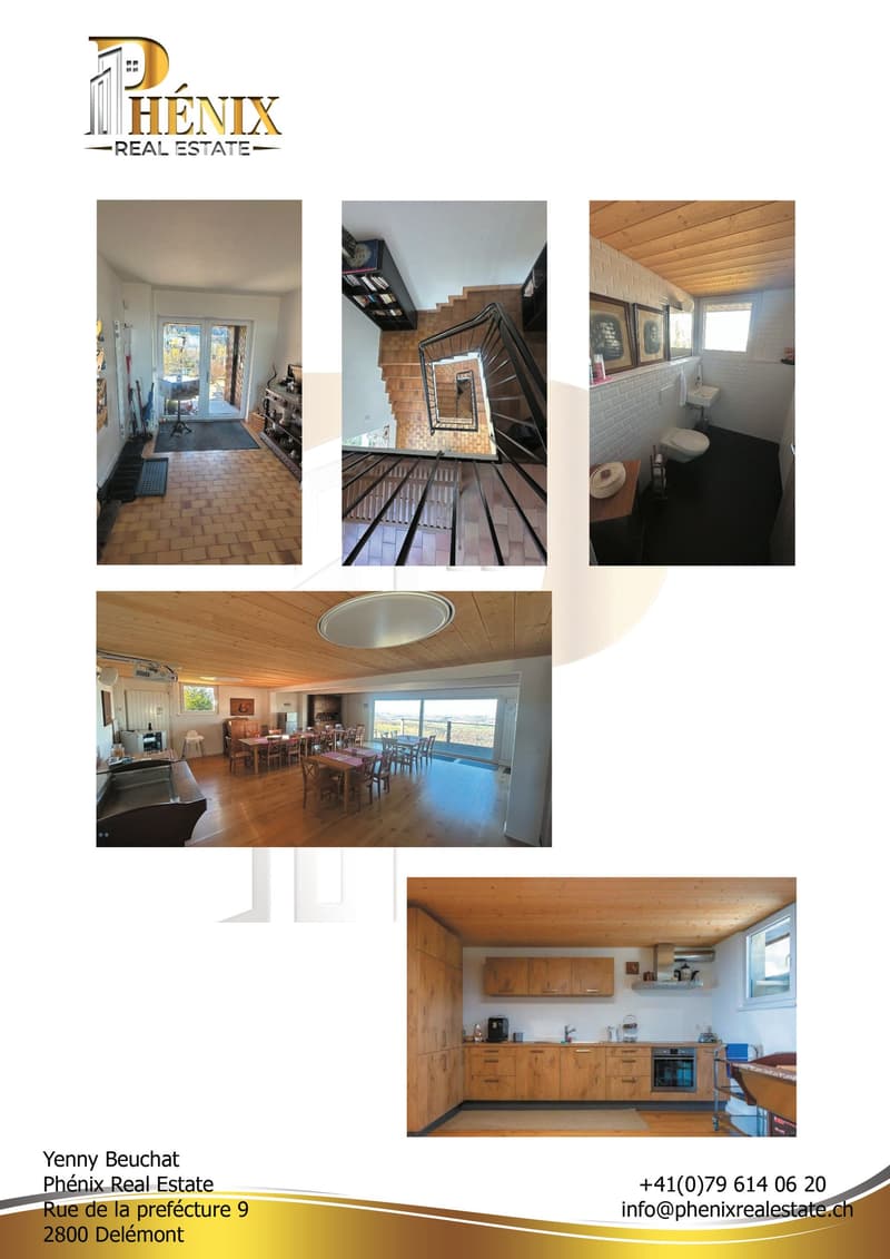 House with wooden floors, large windows, balcony, spiral staircase, raised ground floor, kitchen with modern appliances, dining area with large table, bathroom with white tiles, wooden cabinets, view of the landscape