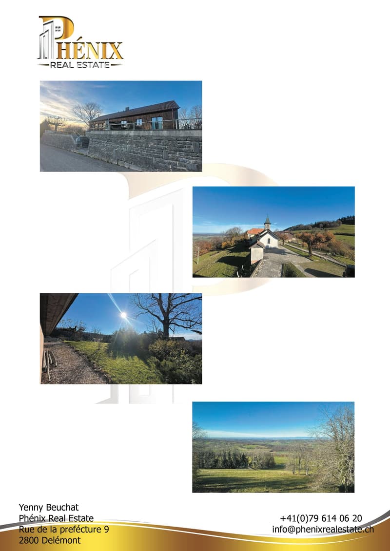 House with a stone wall, brown roof, surrounded by a stone wall, a small chapel, and a wide view of the countryside.