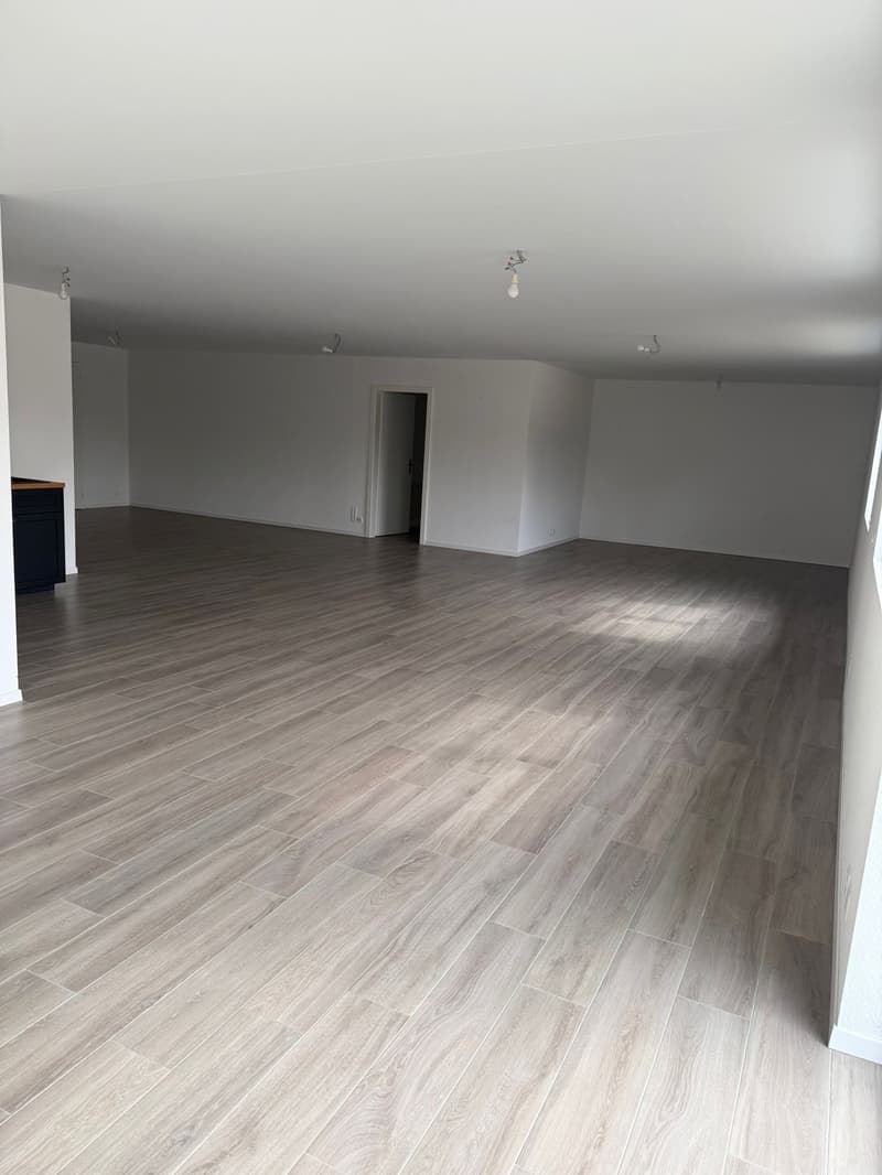 Large empty room with wooden floors, white walls, and ceiling, an entrance door, and a power outlet on the left wall.