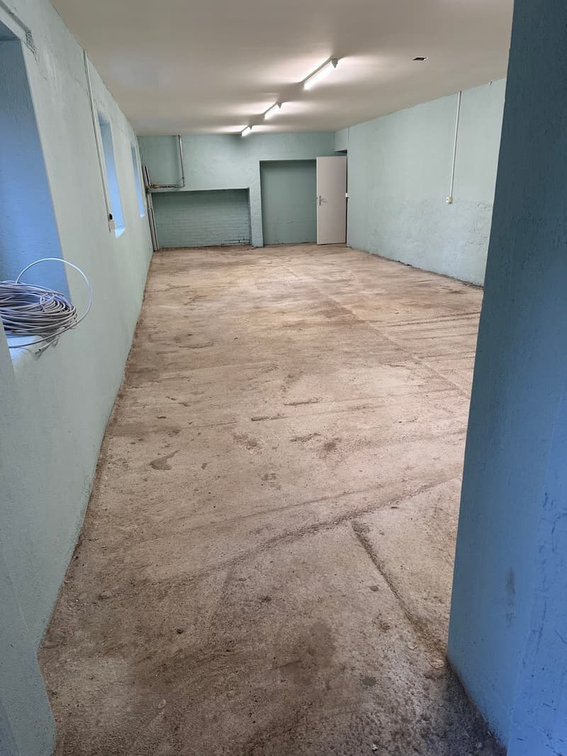 Empty room with light blue walls, a concrete floor, and white door, along with ceiling lights