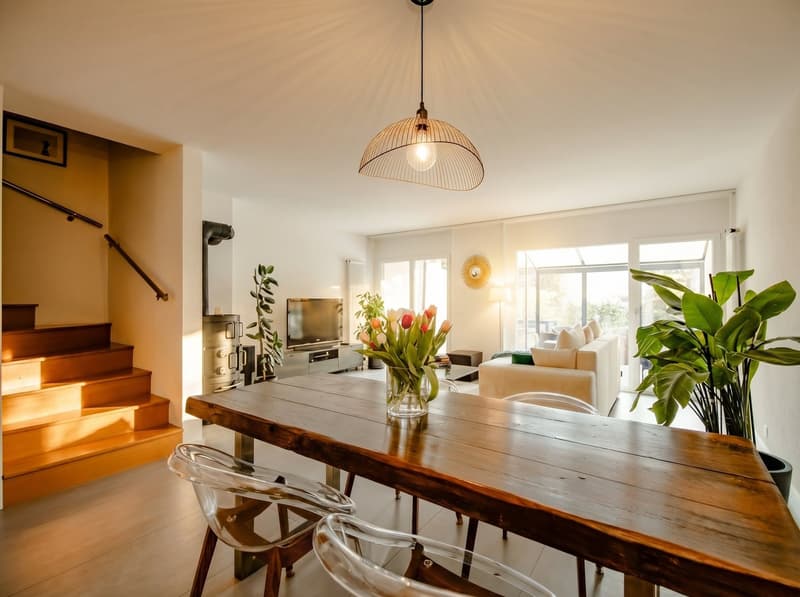 Dining room with wooden table, clear chairs, flowers in a vase, TV, couch, and plants