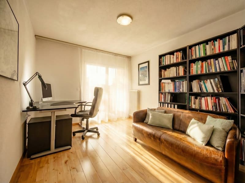 wooden floor, desk with monitor, office chair, couch with pillows, bookshelves, picture frame, radiator