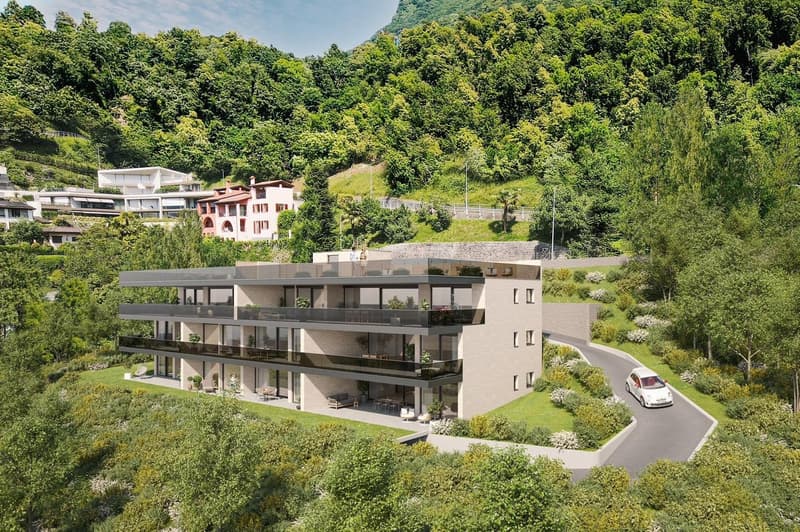 4 storey building, surrounded by trees, balcony on each floor, parking area, green landscape, hilly surroundings