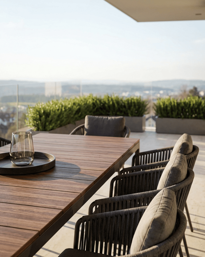 Wooden table, 4 chairs, glass, tray, plants, view of the city