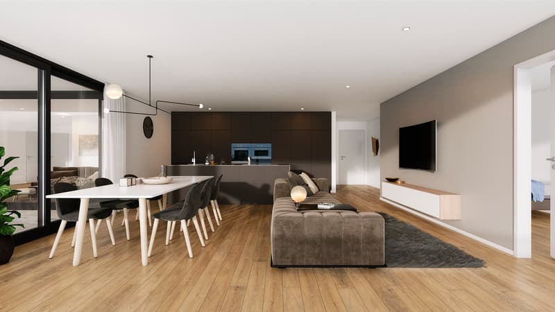 modern open-plan living and dining area with wooden floor, white dining table, modern kitchen with built-in appliances, sofa, TV, and decorative items