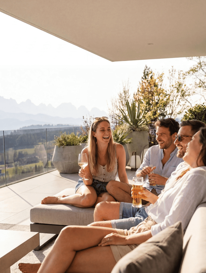 people sitting on a couch on a balcony, glass railing, plants, mountains in the background