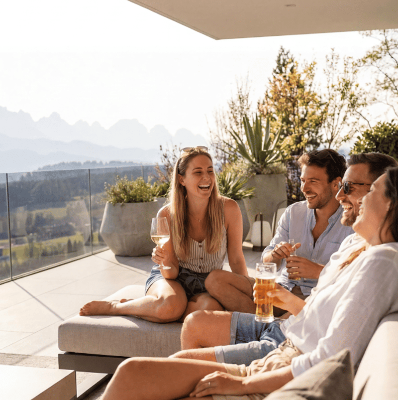 People sitting on a couch on a balcony with a view of the mountains