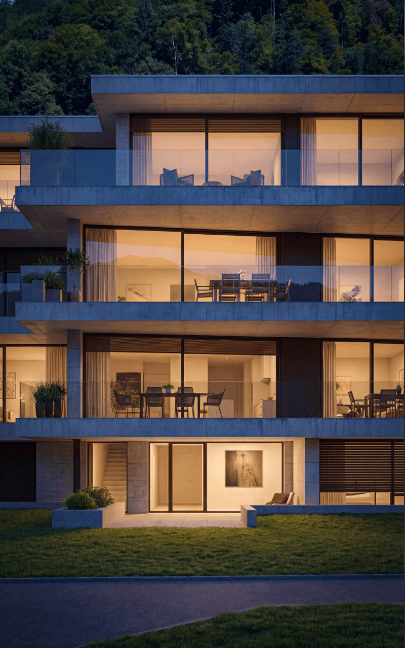 modern multi-story house, large glass windows, balconies, green lawn, mountain view
