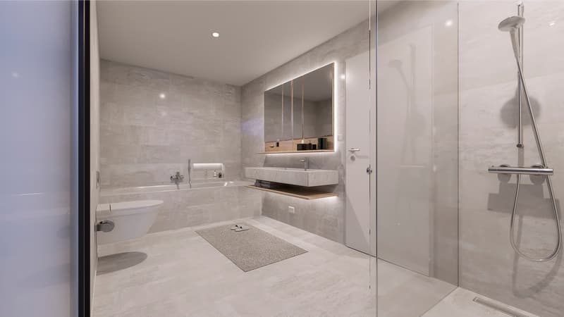 glass shower, mirror, vanity, bathtub, toilet, wall-mounted faucet, modern design