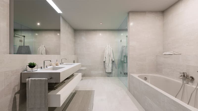 Bathroom: large white marble, minimalist design, double sink, glass shower enclosure, separate bathtub, under-counter storage, modern fixtures, large mirror, clean lines