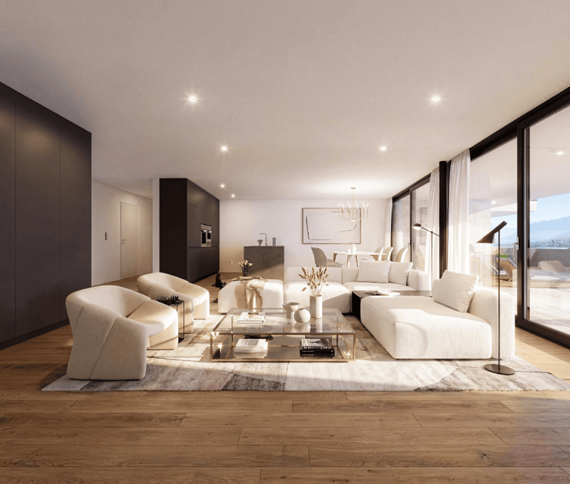 modern living room with white furniture, glass table, large windows, wooden floor, ceiling lights
