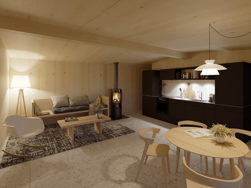 fireplace, natural wood paneling, couch, modern lighting, dining table, kitchen area, floor to ceiling windows