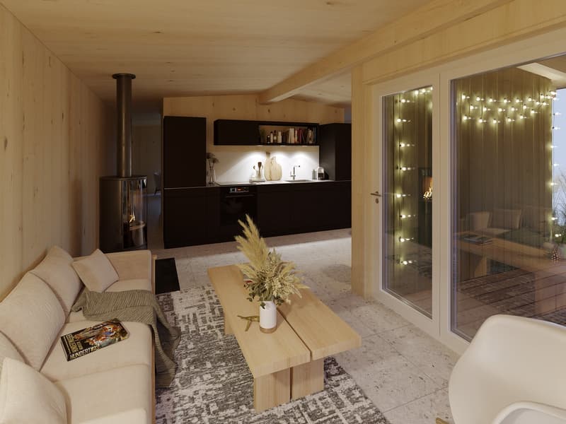fireplace, open space with kitchen, white couch, wooden coffee table, tiled floor
