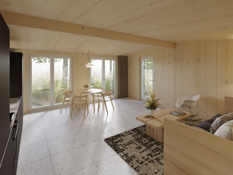 open-plan living and dining area, wooden walls, white tiled floor, round table with chairs, white armchair, light fixture, large windows with sliding doors, coffee table with vase, couch with pillows, rug