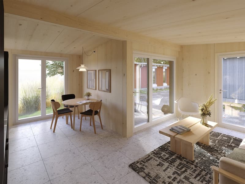 Open space, wooden panels, large windows, dining table with chairs, light fixture, couch, rug, coffee table, flower vase