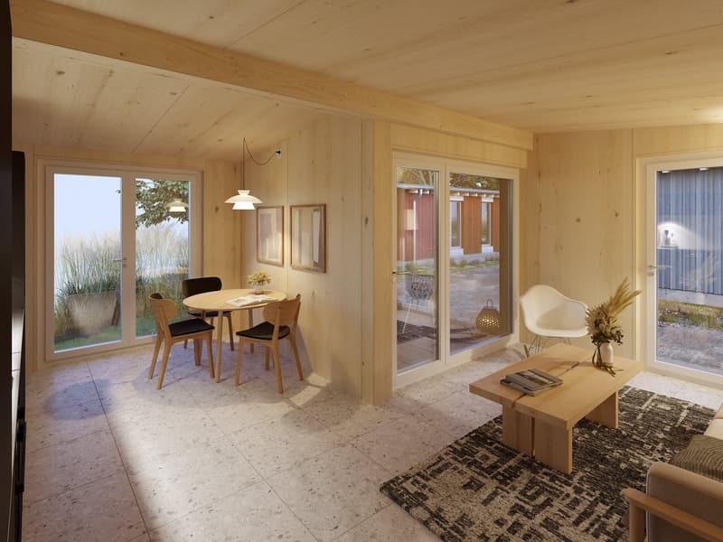 ample living space with wooden floor, glass doors, round table and chairs, and white chair near the coffee table
