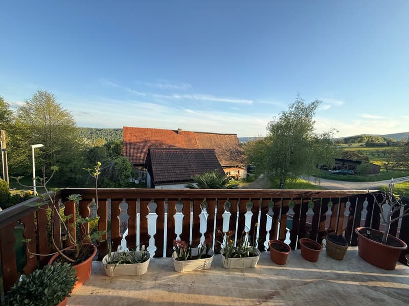 Balcony with wooden railing, several potted plants, view of a house and landscape