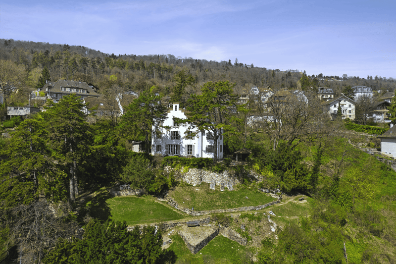 Raised ground floor house, white exterior, surrounded by trees, terrace, open area in front, hillside location
