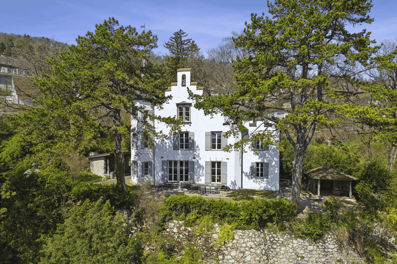 large white house, surrounded by trees, stone wall, garden area, fountain