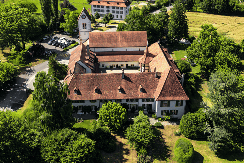 Large house, red roof, white walls, several windows, trees and greenery around