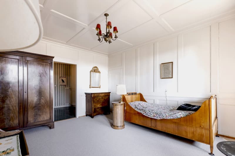 classic wooden bed, lamp, cabinet, radiator, mirror, picture frame, chandelier, carpeted floor