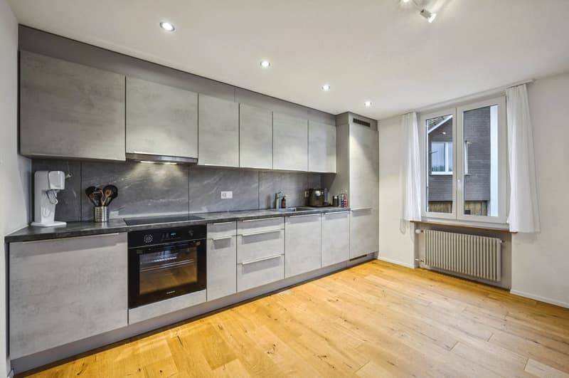 Offene Küche mit Geschirrspüler, Ofen und Kühlschrank