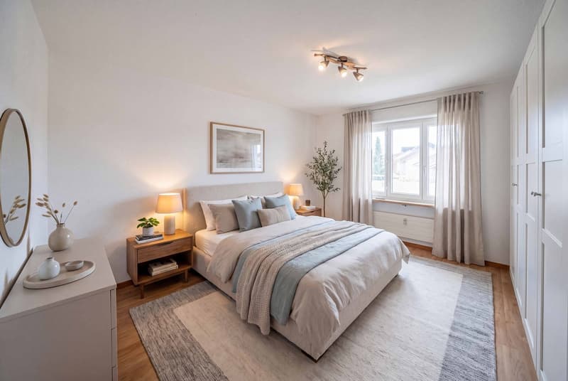 Bedroom with bed, nightstands, lamps, mirror, rug, and window with curtains