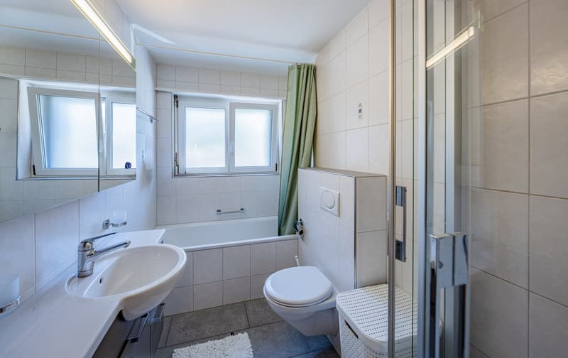 Bathroom with bathtub, shower, toilet, sink, mirror, and windows
