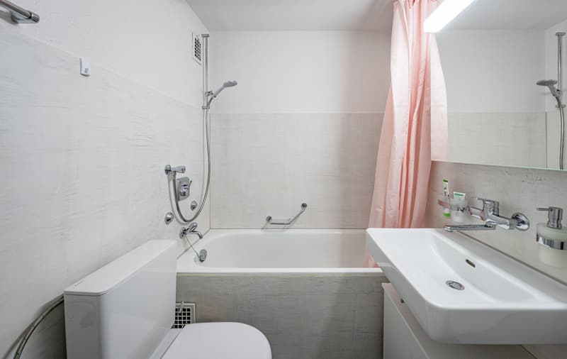 modern bathroom with bathtub, shower, toilet, sink, mirror, and shower head