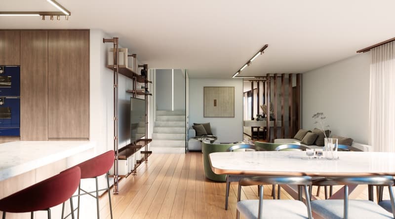 modern kitchen and dining area, wooden floors, white walls, central staircase, living area with gray sofa, dining table, and chairs