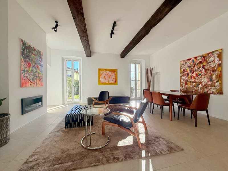 white walls, wooden beams, fireplace, modern furniture, large windows, rug, modern art paintings