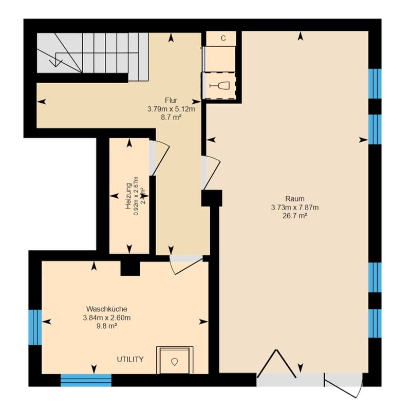 3 rooms, kitchen, utility room, balcony, private washing machine