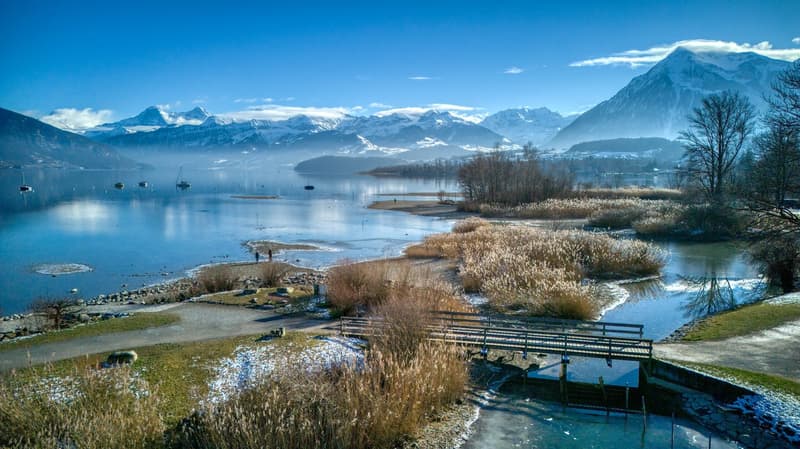 lake, mountains, wooden bridge, snow, reeds