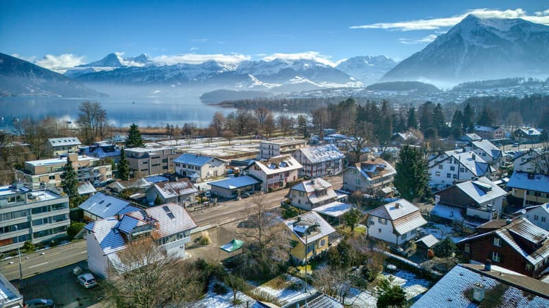 Aerial view of small town with houses of various sizes and styles, snow covering rooftops and surroundings, mountains in the distance, a lake, and trees in the foreground.