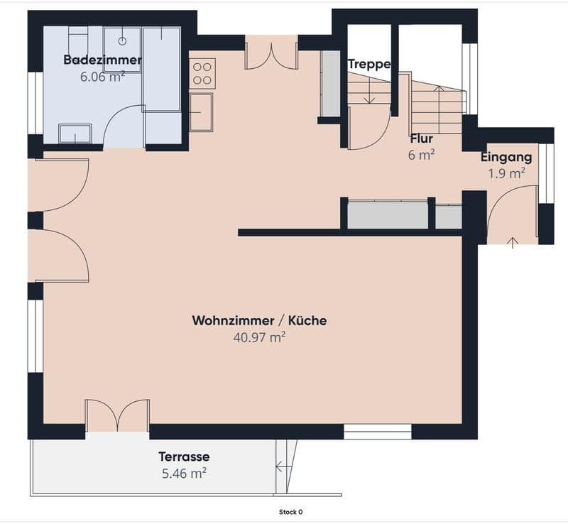1 living room/kitchen, 1 bedroom, 1 bathroom, balcony, staircase