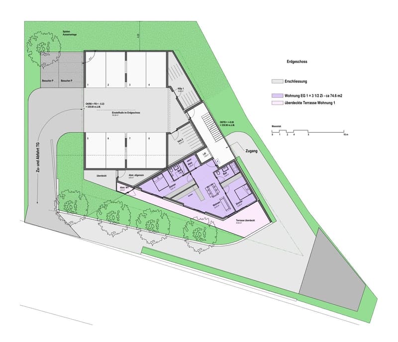 The image shows the floor plan of a building. It includes a ground floor with an entrance, a living room, a kitchen, and a bedroom. There is also an upper floor with two additional bedrooms and a terrace. The visible features in the image are a terrace an
