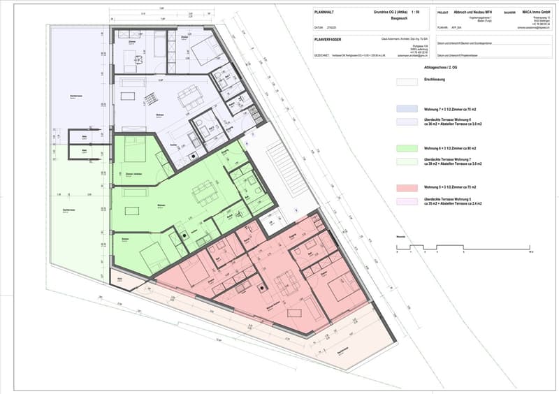 The floor plan shows a multi-unit residential building with 7 apartments. The apartments range in size from 75 to 80 square meters and have balconies or terraces. The building also includes a sauna, storage rooms, and a common area.