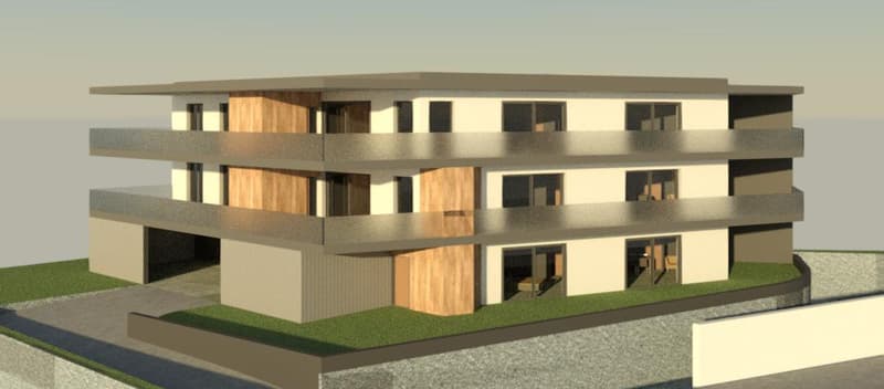 4 story modern house, wooden doors, several balconies, windows, driveway, garden
