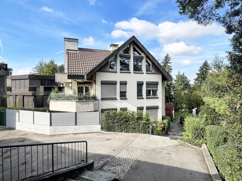 Raised ground floor, two-story house, brown roof, white walls, balcony, brick walls, multiple windows, solar panels, driveway
