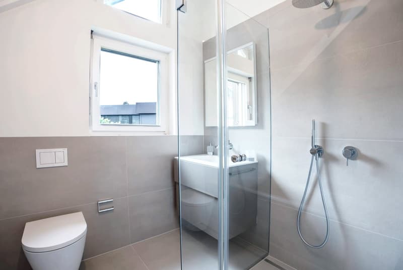 modern bathroom with shower, toilet, vanity, and glass partition