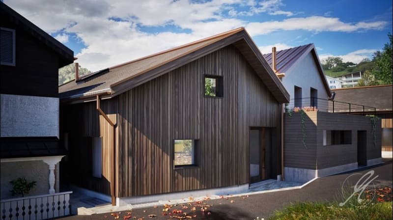 modern house with raised ground floor, wooden exterior, sloped roof, large windows