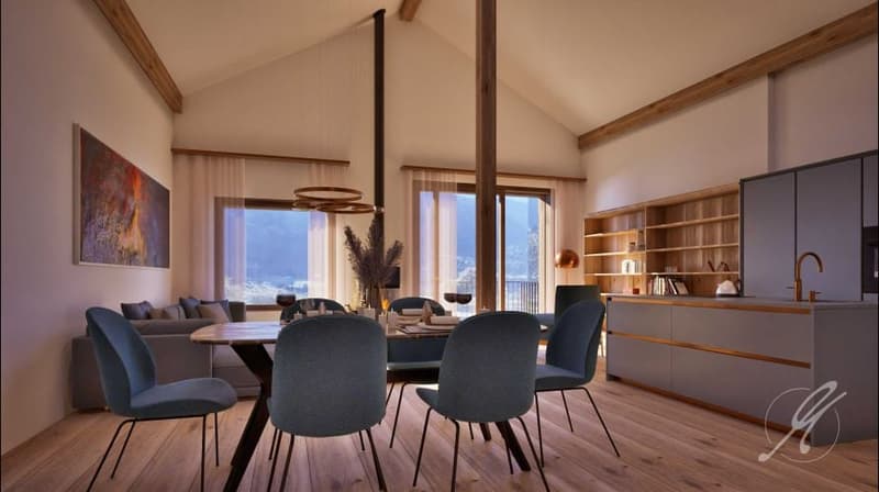 Dining room with wooden floor, 6 chairs,  dining table, white couch, kitchen island, 3 windows, chandelier, wooden shelves, wall painting