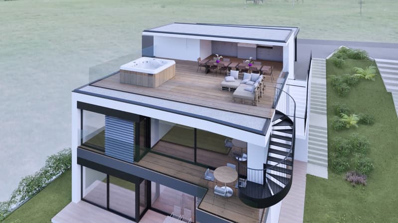 Modern house, glass windows, raised ground floor, hot tub, spiral staircase, wooden deck, spiral staircase