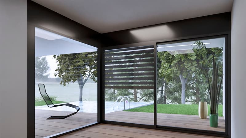 sliding doors, wooden floor, chair, swimming pool, plants