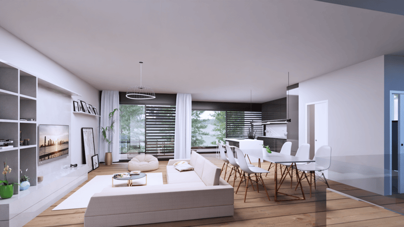 modern interior with light color scheme, large sofa, dining area, glass window, TV, plants